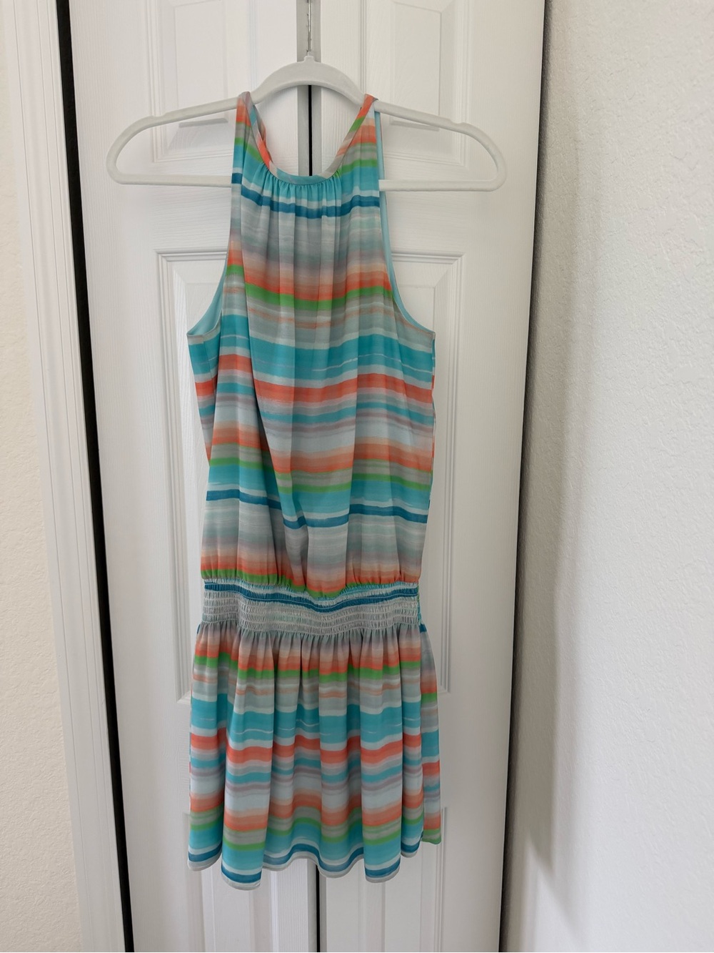 Ramy Brook Multicolor Striped Halter Dress in Aqua, Coral & Mint